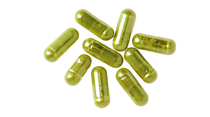 Wall Mural - top view of herb capsules . green pills isolated on white