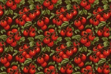 Seamless Pattern Of Ripe Red Tomatoes On The Vine With Green Leaves On A Dark Background