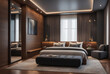 © Alex Vog - Background interior of saloon room in residence is furnished modernly, place of men hire girls for male pleasures. Bedroom in cozy home. Design interior concept. Copy text space