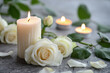 White candles with roses and flowers petals, funeral memrial, sympathy and condolences card, death notice