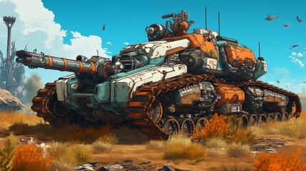 an artistic image of an armored tank in the middle of the desert