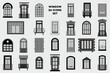 Window icon set, symbol in outline flat style, architectural classic. Vector illustrations set with different silhouettes of window frames.