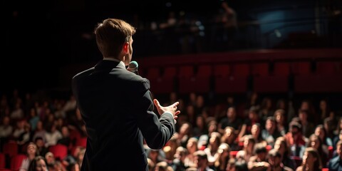 Public speaking concept with male motivational speaker giving talk at a conference filled with people in the audience. 