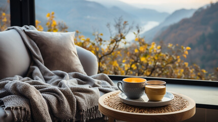 Wide closeup photo web banner of view from a luxury hotel bedroom window, cozy couch with pillows and coffee cup on a tray, misty mountain range landscape outside in a cold day morning