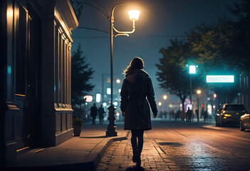 Silhouette of a young woman walking home one night through the city streets, scared by a stalker and being attacked, insecurity concept,