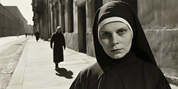 Catholic nun - a woman of the cloth wearing black and white robes to signify her devout belief in God