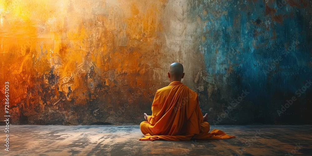 Buddhist monk in orange robe meditating while staring away from camera ...