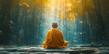 Buddhist Monk In Orange Robe  Meditating While Staring Away From Camera