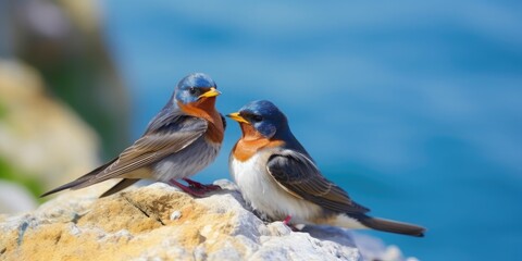 Wall Mural - On Swallow Rock, swallows build their nests on the rocks, Front view, High and short depth of field, 