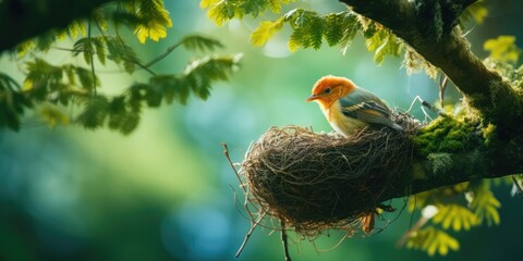 Beautiful forest A bird's nest on the branch of a big tree A big bird feeding a small bird Wallpaper