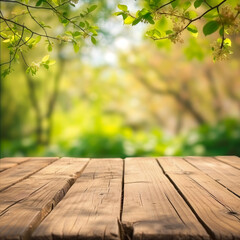 Wooden table with blurred garden background, ideal for spring or summer wallpaper. Copy space.
