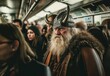 Viking Cosplayer Amidst Modern Commuters: A Striking Contrast of Eras on Public Transit