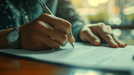 Wall Mural - close-up of a person's hand writing on a paper with a pen, clipped to a clipboard, on a desk with a soft-focus background