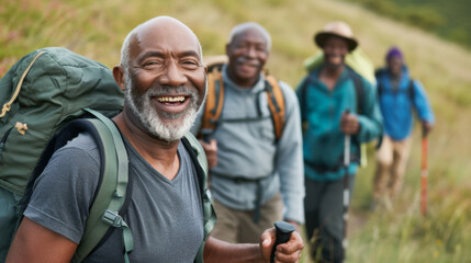 Poster - cheerful older man with a beard leads a group of fellow hikers on a sunny trail, all wearing backpacks and outdoor gear.