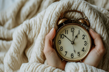 Wall Mural - alarm clock in hand on bed in morning with sunlight, blur background