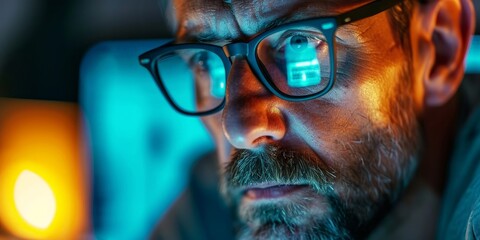 Serious man with poor eyesight is squinting at screens, whether it be a computer, laptop, phone, TV, with glasses and tired eyes. monitor light reflects on his face as he focuses on work,Generative AI