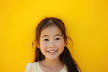 Wall Mural - Asian girl smiling against a yellow background