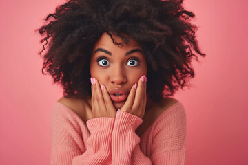 Nervous, African American woman and biting nails in studio with oops reaction to gossip on pink background. Mistake, sorry and female overwhelmed by fake news, drama or secret with regret, shame 