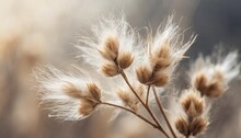 Beige Neutral Color Dried Fluffy Tiny Romanticcute Flowers Branches With Seeds And Light Fluff Macro On Blur Natural Background