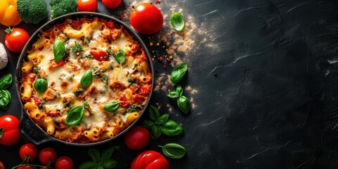 Chicken pasta bake with vegetables, cheese, on table, top view, empty space, Generative AI