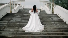 A Bride In A White Dress With A Train Climbs The Stairs, View From The Back, General Plan