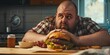 overweight man looking at a hamburger Generative AI