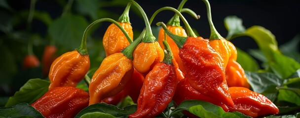 Wall Mural - Almost ripe Bhut Jolokia or Ghost Chili, specialty peppers from Assam, North India, ready for harvest, Generative AI