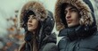 couple in fur hoods outdoors snow Generative AI