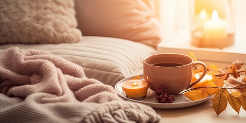 Wall Mural - Home decor with tea and sweater on bed, creating a cozy ambiance for autumn or winter.