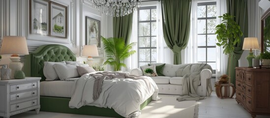 Bedroom with white decor and green furniture.