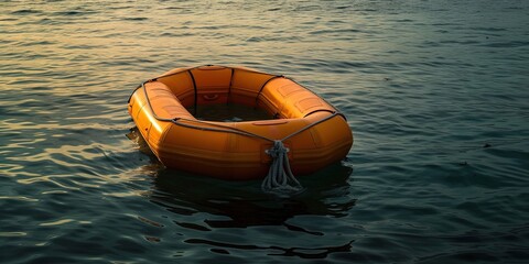 Orange life raft inflatable on the ocean surface ready to save lives