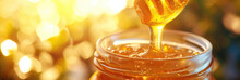 Close-up, Golden Liquid Honey Flows From A Wooden Spoon Into A Glass Jar, Transparent Nectar On The Rim Of The Bottle, Orange Background With Bokeh
