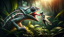 A Vividly Detailed Chameleon Catching A Grasshopper, Showcasing A Dramatic Interaction Between Predator And Prey In A Lush, Tropical Forest Environment.Animals Behavior Concept. AI Generated.