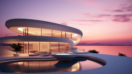 Wall Mural - Modern minimalist round and curved shaped luxury house. Villa with terrace on sea shore at sunset