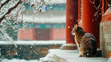  lonely cat under heavy snowfall