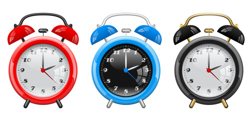 PNG retro alarm clock isolated on transparent background. Old fashioned set. Red, blue, black color icon