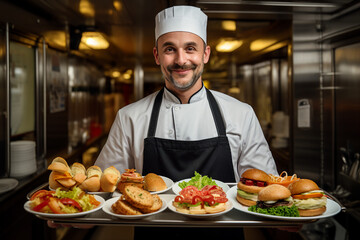 Generative AI picture of professional chef cooker preparing meal in school canteen for children