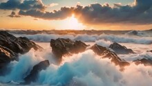 Waves Hitting Rocks With A Horizon View Of Orange Sunset And Clouds