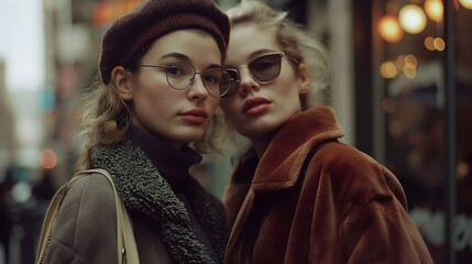 Canvas Print - Two girl buddies in an urban setting with a street background.