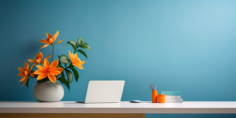 Wall Mural - Minimalistic office desk with a laptop and one flower on the table. Generative AI