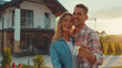 Happy young couple standing in front of their new house, man hugging woman and holding keys in hand, smiling family posing near modern home, real estate agency, house owners, young family property