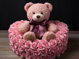 Wall Mural - Teddy bear in a heart of pink roses on a black background