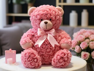 Wall Mural - Pink teddy bear sitting on a table with pink roses and candles