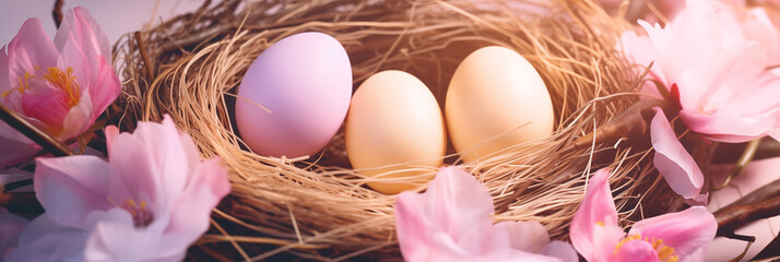 Wall Mural - Colored Easter eggs in straw nest with pink flowers banner. Panoramic web header. Wide screen wallpaper