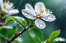 Spring Branch Of A Blossoming Apple Tree Flowers Rain Drops, Abstract Blurred Background Flowers Fresh Rain Tree Growing From The Ground
