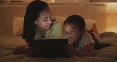 Sticker - Night, bedroom and mother with girl, tablet and typing with online story and bonding together. Family, mama and kid with technology or home with conversation and child development with games or smile