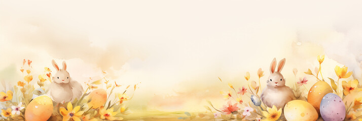 Wall Mural - Watercolor bunnies banner with Easter eggs and flowers. Panoramic web header. Wide screen wallpaper