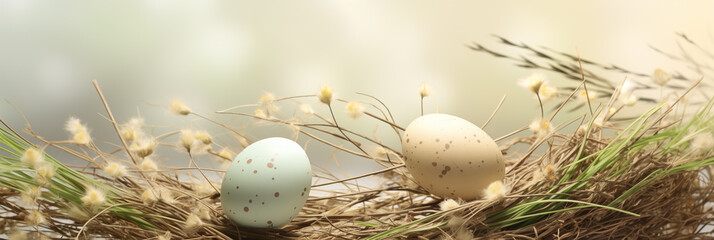 Wall Mural - Spotted Easter eggs in natural straw nest with soft dry flowers banner. Panoramic web header. Wide screen wallpaper