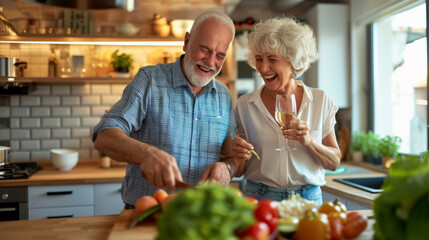 Poster - elderly couple is joyfully preparing food together in a modern kitchen.