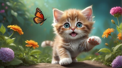  Innocence in Motion: Playful Kitten Capturing a Delicate Butterfly